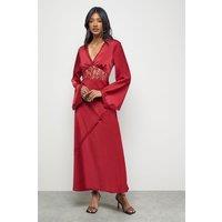Warehouse Women's Satin Lace Insert Flute Sleeve Midi Dress in Dark Red | Size: 10