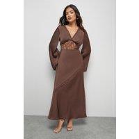 Warehouse Women's Petite Satin Lace Insert Flute Sleeve Midi Dress in Chocolate | Size: 6