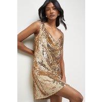 Warehouse Women's Sequin Cowl Neck Mini Dress in Gold | Size: 10