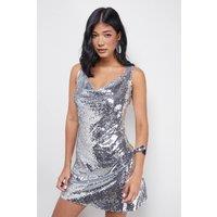 Warehouse Women's Sequin Cowl Neck Mini Dress in Iridescent | Size: 6