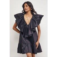 Warehouse Women's Taffeta Frill V Neck Smock Mini Dress in Black | Size: 14