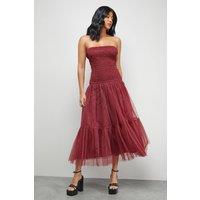 Warehouse Women's Bandeau Sheering Tulle Maxi Dress in Wine | Size: 10