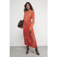Warehouse Women's Floral Crinkle Satin Bias Button Side Midi Dress in Orange | Size: 16