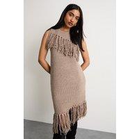 Warehouse Women's Fringe Column Mini Dress in Tan | Size: Medium