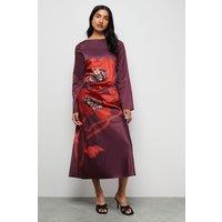 Warehouse Women's Floral Placement Print Satin Midi Dress in Dark Red | Size: 14