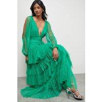 Warehouse Women's Tulle Long Sleeve Cinched Waist Maxi Dress in Green | Size: 14