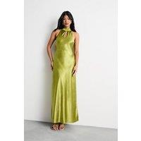 Warehouse Women's Satin Tie Neck Cowl Front Maxi Dress in Olive | Size: 8