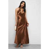 Warehouse Women's Satin Tie Neck Cowl Front Maxi Dress in Chocolate | Size: 14