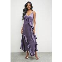Warehouse Women's Metallic Satin Ruffle High Apex Midi Slip Dress in Mauve | Size: 14