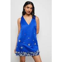 Warehouse Women's Embellished Heavy Satin Plunge Neck Mini Dress in Cobalt | Size: 10