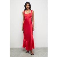 Warehouse Women's Premium Viscose Satin Raw Edge Asymmetric Midi Slip Dress in Red | Size: 14