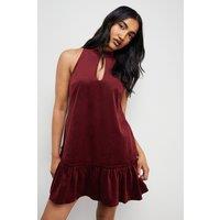 Warehouse Women's Bonded Velvet High Neck Mini Dress in Red | Size: 14