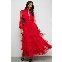 Warehouse Women's Ruffle Neck Tulle Maxi Dress in Red | Size: 16