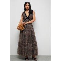Warehouse Women's Velvet Trim Leopard Tulle Maxi Dress in Animal | Size: 16