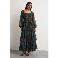 Warehouse Women's Abstract Print Cut Out Gathered Tulle Maxi Dress With Tiers in Blue | Size: 12