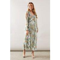 Wallis Women's Floral Ruffle Belted Midaxi Dress in Sage | Size: 18