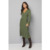 Wallis Women's Statement Button Pleated Knitted Dress in Khaki | Size: Large