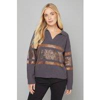 Wallis Women's Petite Charcoal Sequin Placement Polo Jumper | Size: Medium
