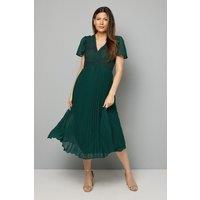 Wallis Women's Lace Pleated Skirt Midi Dress in Dark Green | Size: 14