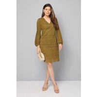 Wallis Women's Occasion Lace Pleat Sleeve Shift Dress in Olive | Size: 18