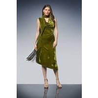 Wallis Women's Velvet Tie Neck Tassel Midi Dress in Olive | Size: 14
