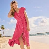 Lands' End Women's Plus Pleated Linen Midi Dress in Pink | Size: 14-16