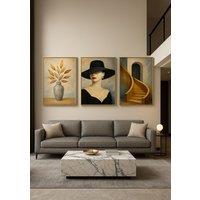 Mafett Women's Set of 3 Wall Art Prints Golden Leaves Woman Staircase | Size: A2