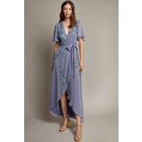 Monsoon Women's Sarah Floral Embellished Maxi Wrap Dress in Mid Blue | Size: 6