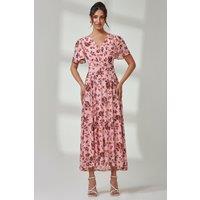 Jolie Moi Women's Gracelyn Wrap Front Mesh Maxi Dress in Coral | Size: 16