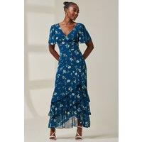Jolie Moi Women's Angel Sleeve Tiered Hem Maxi Dress in Teal | Size: 12