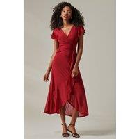 Jolie Moi Women's Plain Wrap Mesh Maxi Dress in Burgundy | Size: 14