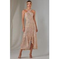 Jolie Moi Women's Cross Neck Frill Hem Maxi Dress in Rose Gold | Size: 16