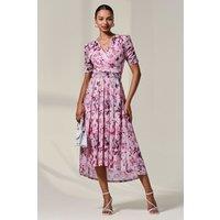 Jolie Moi Women's Petite Wrap Front Ruched Sleeve Midi Dress in Light Pink | Size: 16
