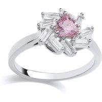 Jewelco London Women's Silver Pink Baguette CZ Sunburst Love Heart Cluster Ring | Size: R