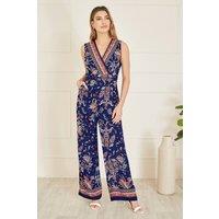 Yumi Women's Navy Paisley Border Print Wrap Jumpsuit | Size: 14