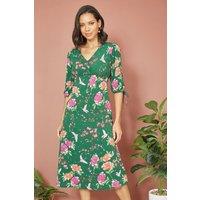 Yumi Women's Green Recycled Crane Print Kimono Midi Dress | Size: 10