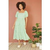 Yumi Women's Green Gingham Smock Puff Sleeve Midi Dress | Size: 16