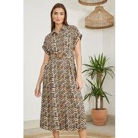 Yumi Women's Brown Abstract Animal Print Relaxed Midi Shirt Dress With Belt | Size: 8