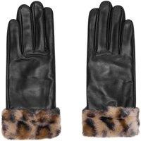 Barneys Originals Women's Real Leather Glove With Leopard Faux Fur Cuff in Black | Size: Medium/Large