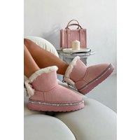 Love Lemonade Women's Crystal Faux Fur Bow Snugg Boots in Pink | Size: 4