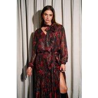 Finding Friday Women's Printed Metallic Long Sleeve Blouse With Tie Neck in Red | Size: 10