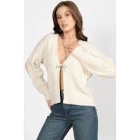 HOXTON GAL Women's Regular Fit Chunky Knit V-Neck Cardigan with Bow Tie Detail in Beige | Size: Large