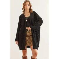 HOXTON GAL Women's Regular Fit Openwork Long Knit Cardigan in Black
