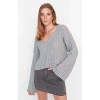 HOXTON GAL Women's Regular Fit Wool Blend V-Neck Ribbed Knit Sweater in Grey | Size: XL