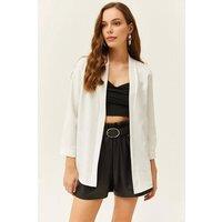 HOXTON GAL Women's Regular Fit Satin Shawl Collar Blazer Jacket with 3/4 Sleeve in Ecru | Size: Medium