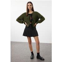 WOVCOR Women's Cropped Reversible Knit Sweater with Bow Tie Detail in Khaki | Size: Small