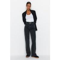 WOVCOR Women's Faded Vintage High Waisted Wide Leg Jeans in Dark Grey | Size: 10