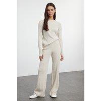 WOVCOR Women's 2-Piece Ribbed Knit Set with Thumbhole Sleeve Detail in Stone | Size: Large