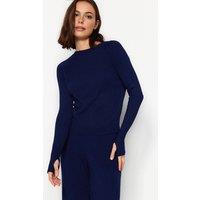 WOVCOR Women's 2-Piece Ribbed Knit Set with Thumbhole Sleeve Detail in Navy | Size: Small