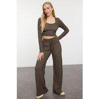 WOVCOR Women's Soft Knit Crop Top & Wide Leg Pant Set in Brown | Size: Medium